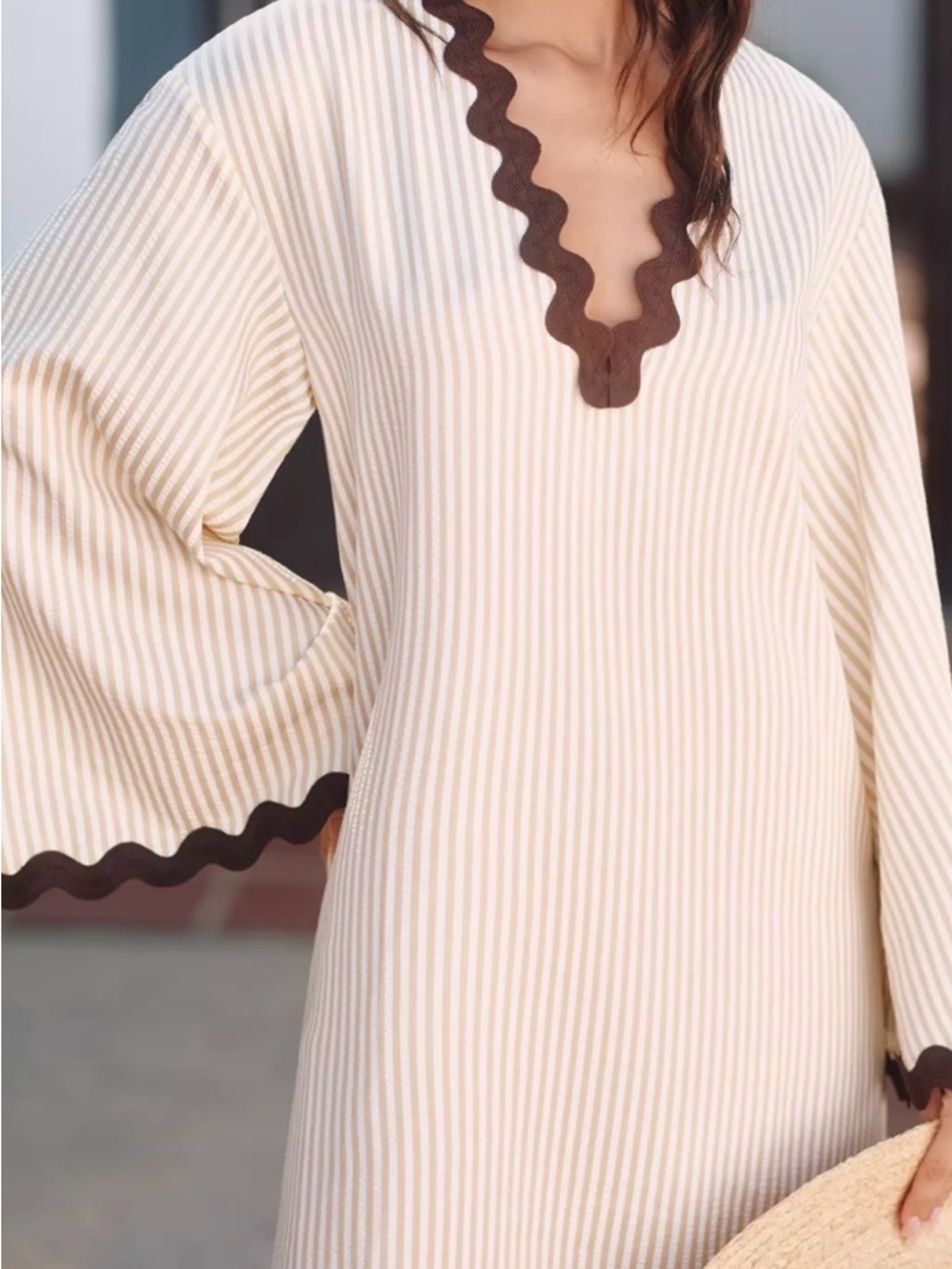 Anthropologie Flat White Striped Rickrack Tunic Top Coastal Grandma Boho XS/S